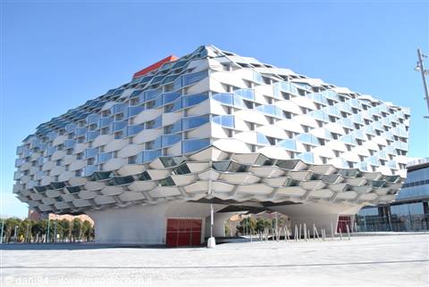 Modern building with glass hexagonal facade, Bicocca Milan