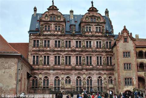 Tourists in front of the red sandstone Baroque facade of Heidelberg Castle, gray sky