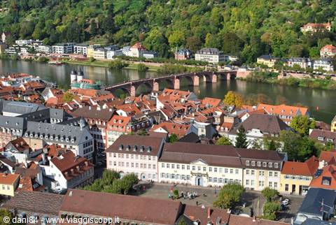 Red rooftops and the old stone bridge over the Neckar in Heidelberg