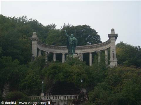 Saint Gerard statue among stone colonnade on Gellért Hill, Budapest