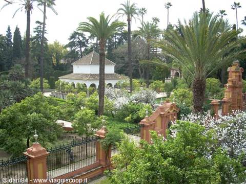 White pavilion surrounded by palm trees and blossoms in Parque de María Luisa