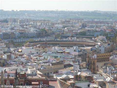 Seville: the Maestranza bullring amid white rooftops and hazy skyline