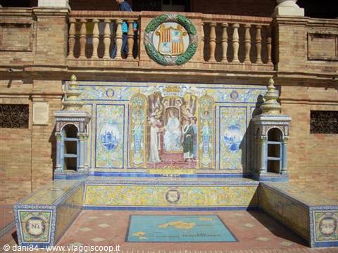 Tiled alcove bench with historical panel and coat of arms, Plaza de España, Seville