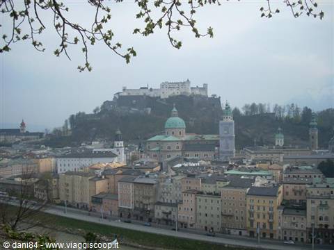 Salzburg: Hohensalzburg Fortress overlooks the green-domed cathedral beneath blossoming branches