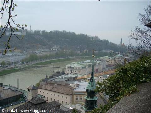 The Salzach river and the cathedral spire seen from Salzburg