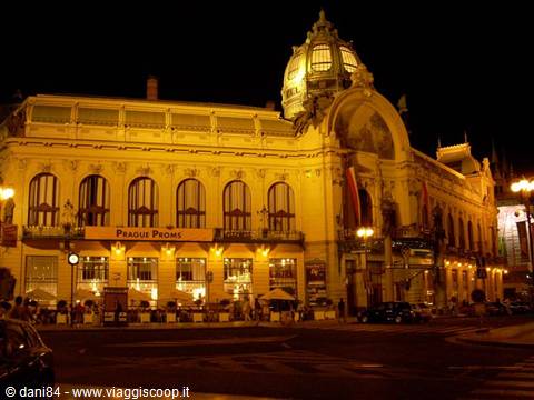 Municipal House in Prague lit up at night