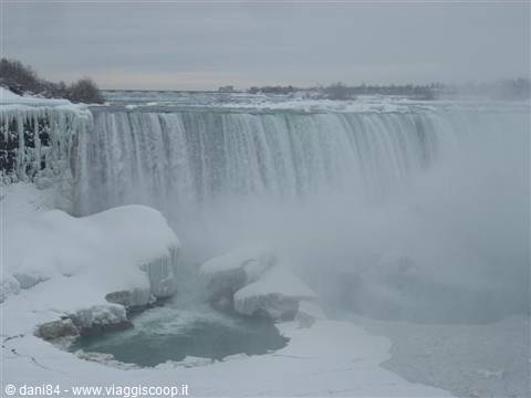 Frozen waterfall with snow and water mist, Horseshoe Falls, Niagara