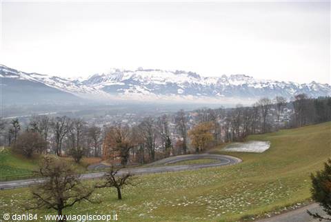 Road curving through green meadows toward village and snowy Alps, grey light