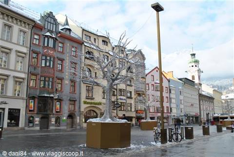 White tree on Innsbruck pedestrian street, colorful facades and snowy church tower