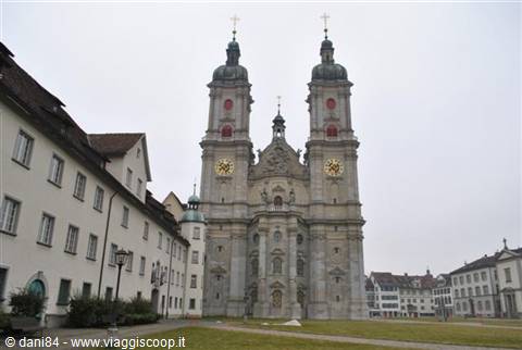 St. Gallen Cathedral: baroque facade with twin towers under grey sky