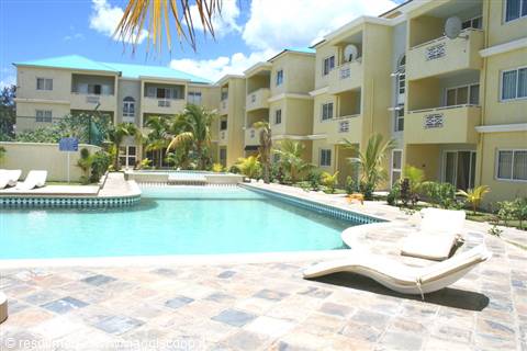 Blue pool with white loungers and palms among yellow apartments
