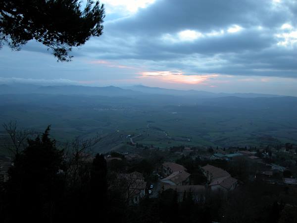 Rooftops beneath a pine, hills and clouds at dusk in Montalcino