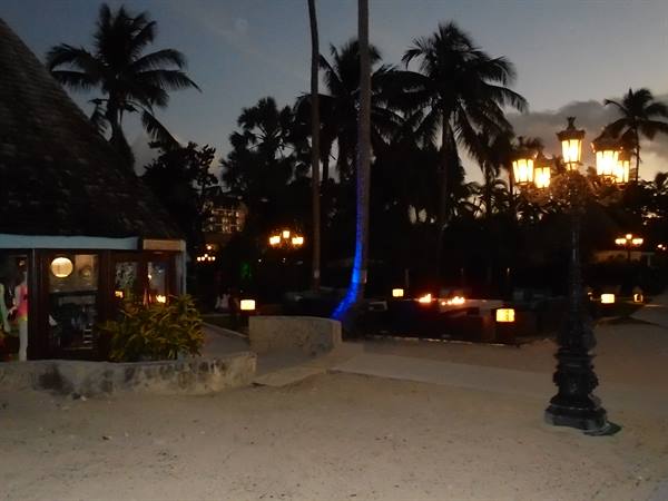 Lit lanterns and palm trees on resort sand at dusk