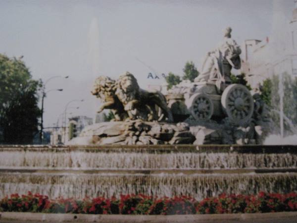 Cibeles Fountain in Madrid, stone lions and chariot with flowers below