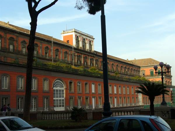 Red facade of Naples Royal Palace among trees and parked cars