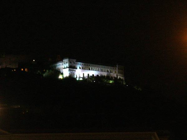 Illuminated white palace on hill at night among dark trees