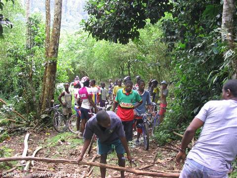 Group of young people with mountain bikes on a trail in tropical forest