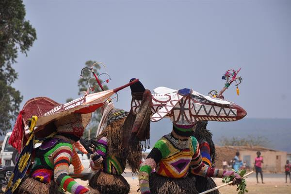Dogon dancers wearing carved animal masks and raffia costumes performing outdoors