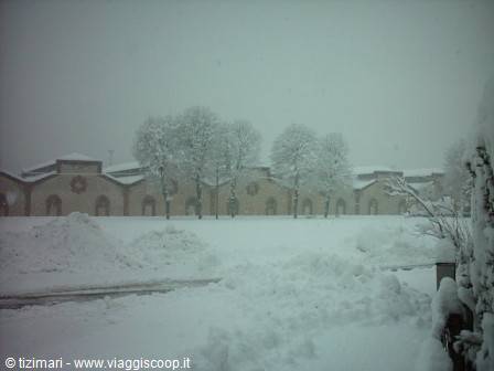 Snowfall over brick houses, whitened trees and snow piles