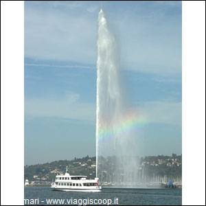 Jet d'Eau fountain with rainbow and white boat, Geneva