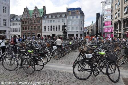 Hundreds of parked bicycles beside the Storkespringvandet fountain, Copenhagen
