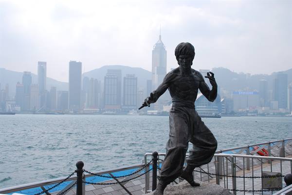 Bronze statue of Bruce Lee in martial arts pose, Avenue of Stars, Hong Kong