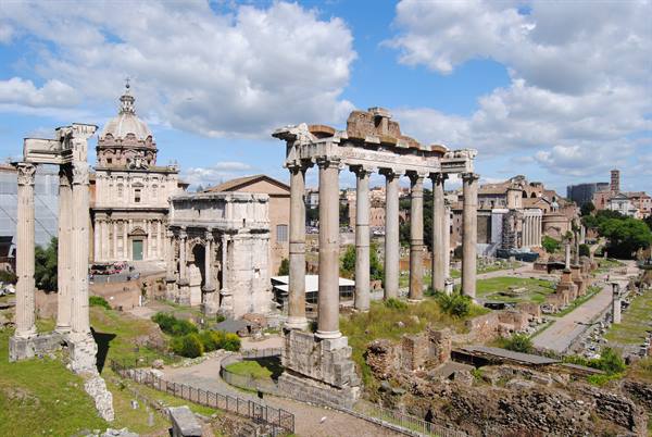 Marble columns of the Temple of Saturn and baroque church, Roman Forum