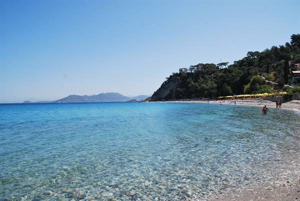 Clear turquoise water over pebble beach, swimmers and umbrellas beneath green hillside