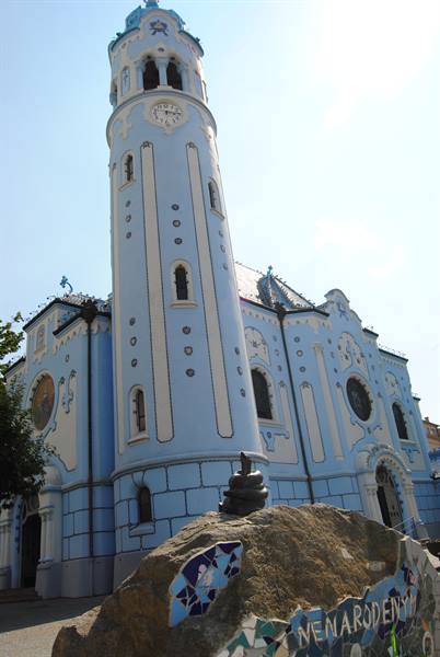 Blue Church of St. Elizabeth in Bratislava, slender tower and mosaic rock