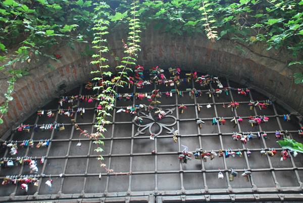 Love locks on iron gate under brick arch covered with ivy