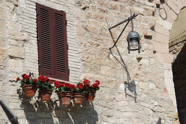 Stone wall with brown shutter, red geranium pots and iron lantern