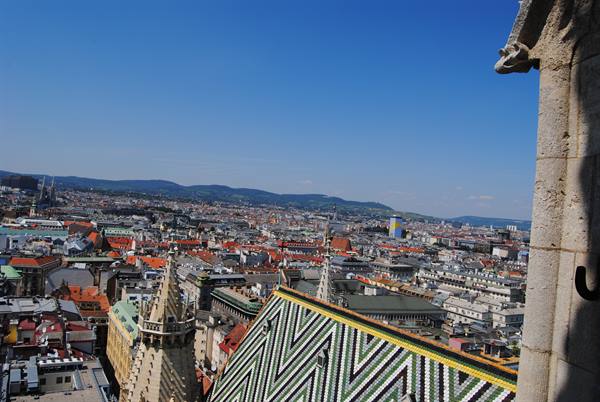 Zigzag tiled roof of St. Stephen's Cathedral over sunny Vienna