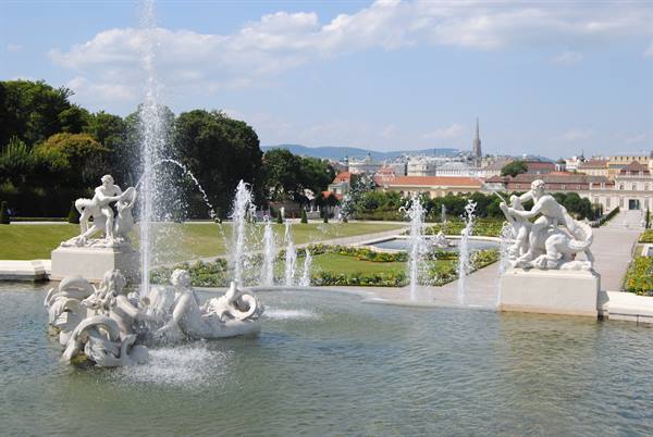 Baroque fountains with marble statues in the Belvedere gardens, Vienna