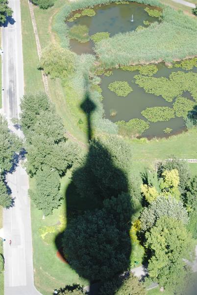 The tower's shadow stretches over the park pond with lily pads