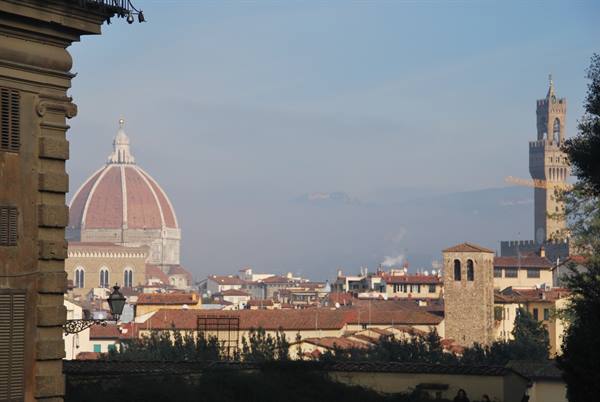 The Duomo dome and Palazzo Vecchio tower above Florence rooftops