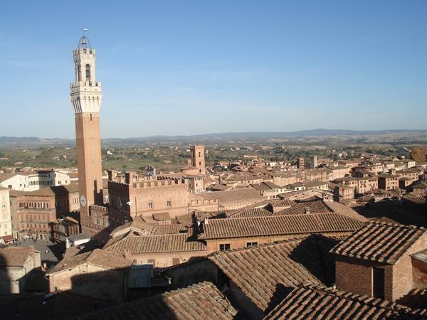 Torre del Mangia and brick rooftops of Siena