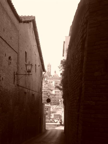 Narrow alley between brick walls in Siena, lantern and tower in the distance