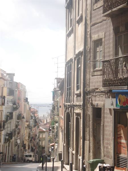 Steep hill between old buildings with iron railing, Tagus river behind, Lisbon