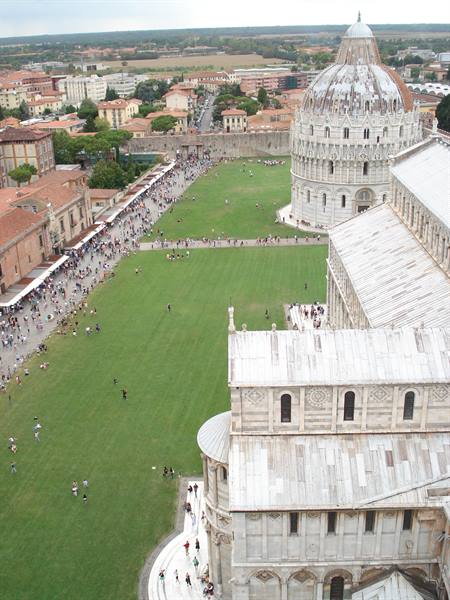 From Pisa's Tower, the marble Baptistery and Cathedral on Piazza dei Miracoli