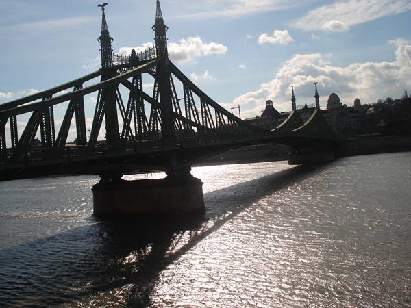 Liberty Bridge in Budapest, green iron structure over the Danube with sunlight