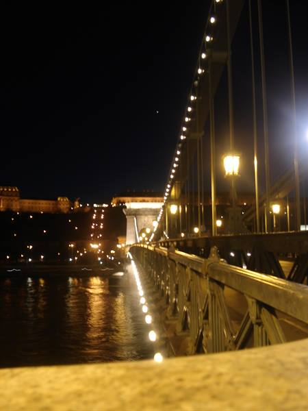 Lights of Budapest's Chain Bridge reflecting on the Danube at night