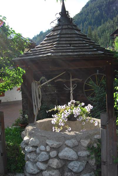 Stone well with wooden shingled roof and white flowers, forested mountain behind