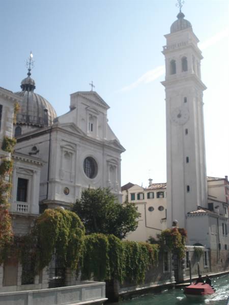 Venice, San Giorgio dei Greci church with leaning bell tower over canal