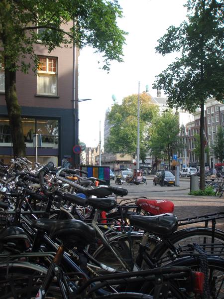 Many parked bicycles along the street in Amsterdam