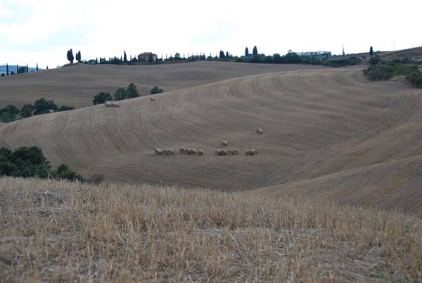 Ploughed hills of San Quirico d'Orcia, hay bales and farmhouse among cypresses