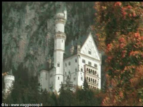 Neuschwanstein castle among firs and autumn leaves, white tower on the rock