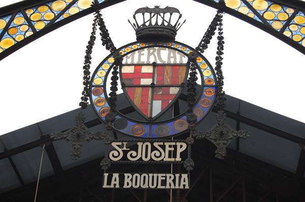 Wrought iron and stained glass sign of Mercat Sant Josep, La Boqueria, Barcelona