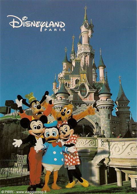 Disney characters posing in front of the Disneyland Paris castle under blue sky