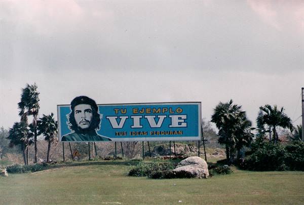 Blue billboard with Che Guevara portrait among palm trees and grass