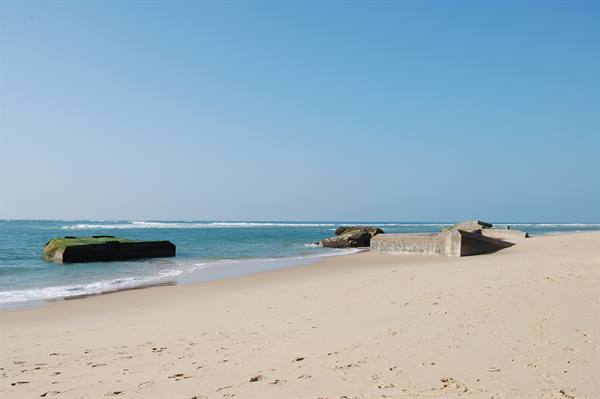 Concrete bunker covered in algae on the wide sandy Atlantic beach